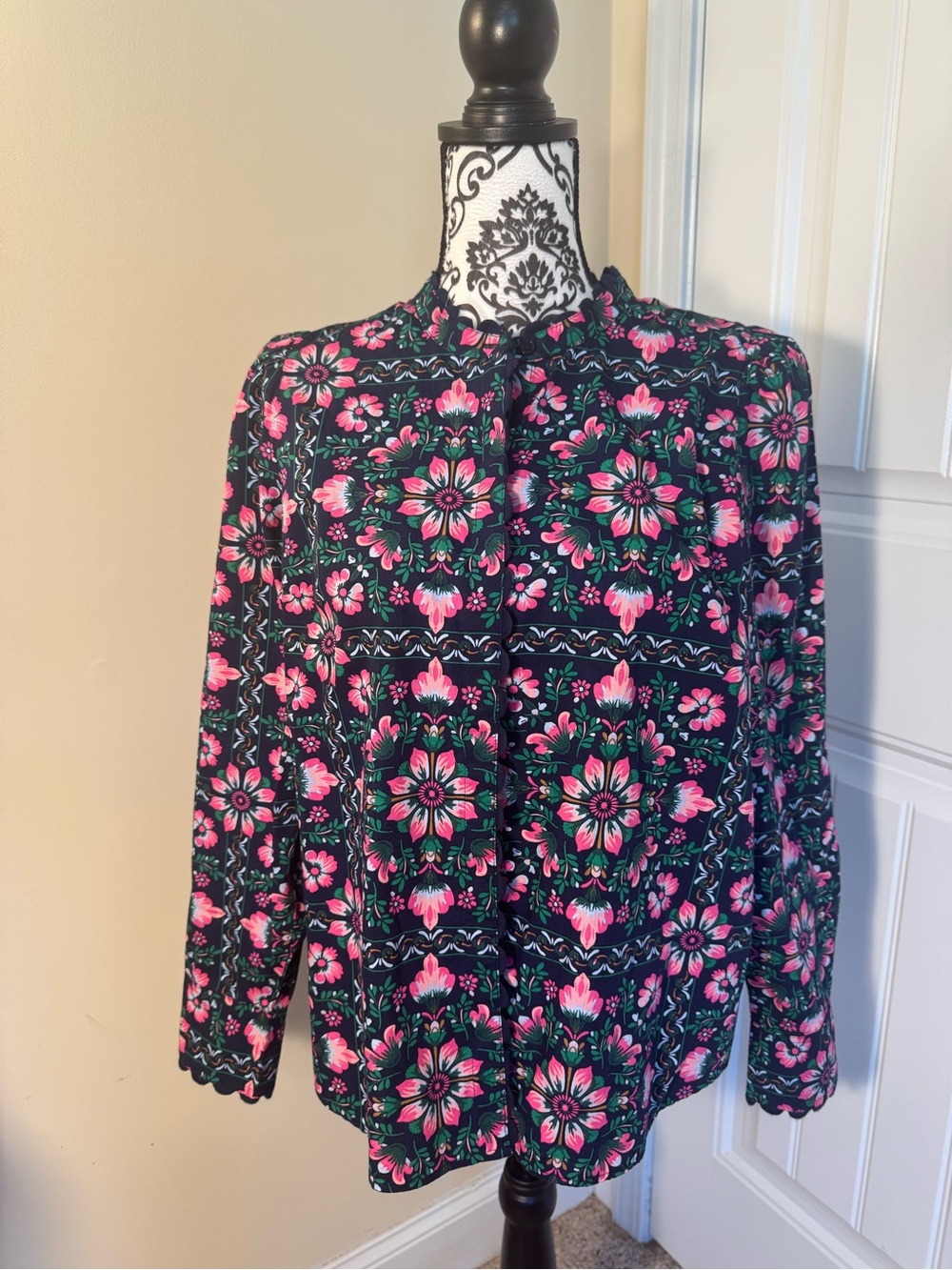 Crown & Ivy Black Floral Blouse with Pink & Green Pattern NWT